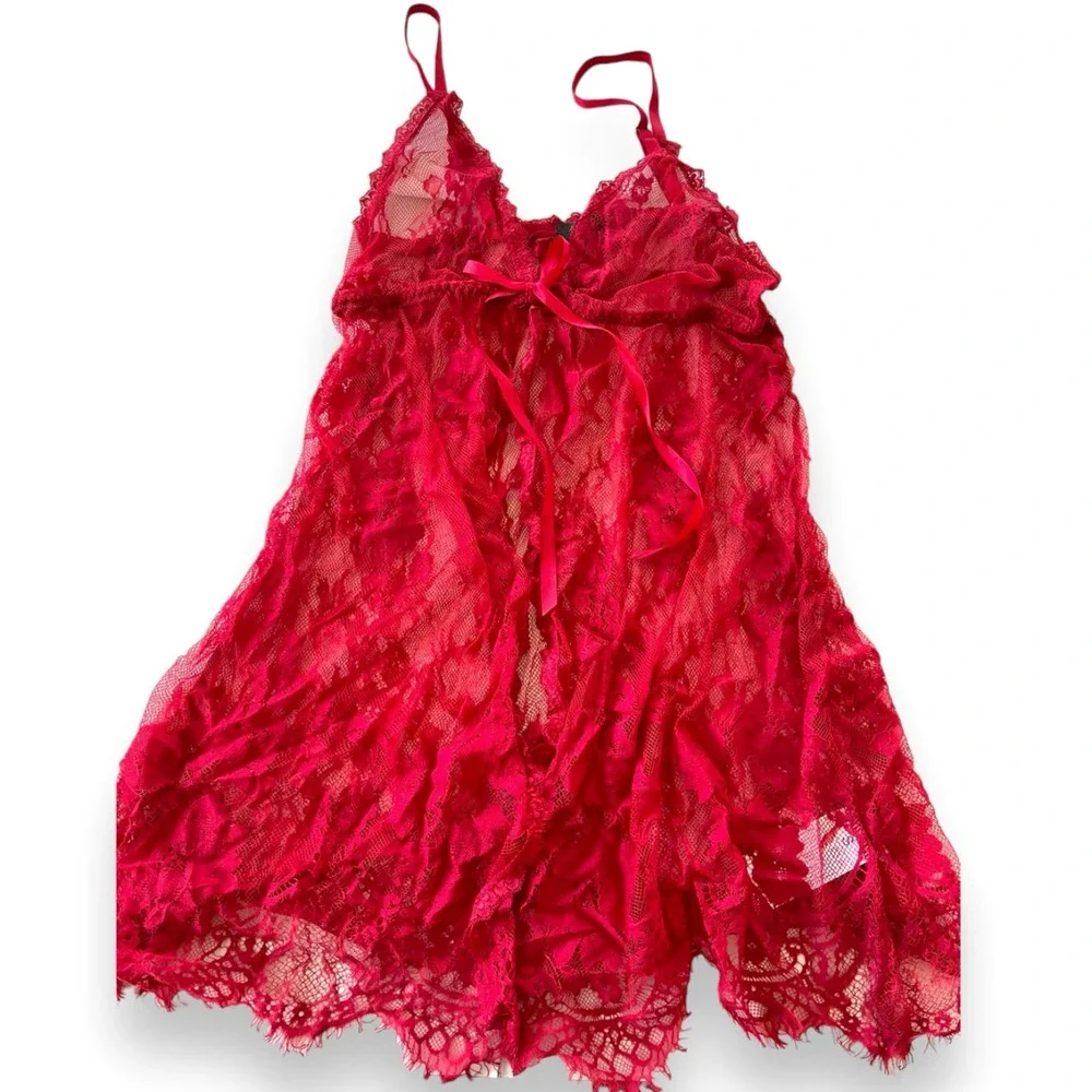 AvidLove Lace Sheer Open Front Babydoll Sexy Negligee Lingerie | Red, Small - Picture 9 of 9